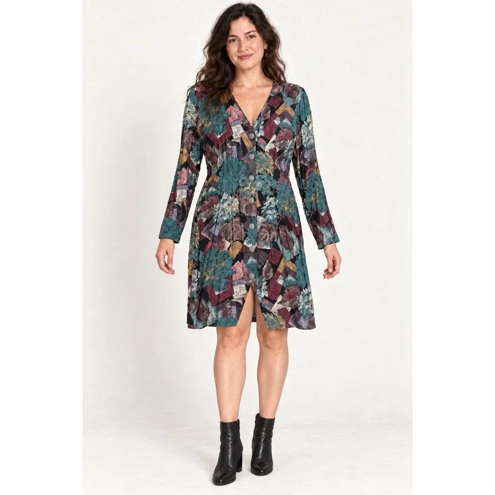 Vintage La Belle Abstract Floral Rayon Dress Size 13 Ornate Silver Tone Buttons